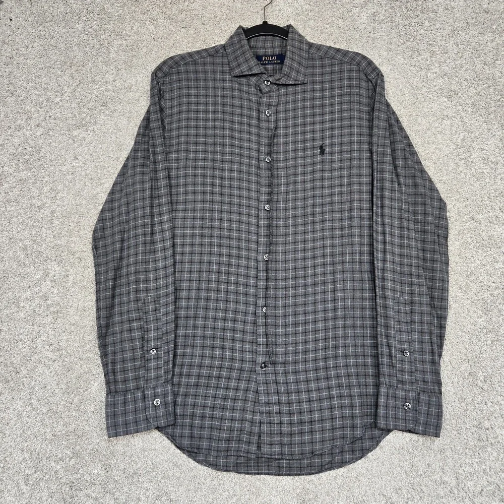 Polo Ralph Lauren Shirt Mens Medium Gray Check Plaid L/S lightweight soft cotton